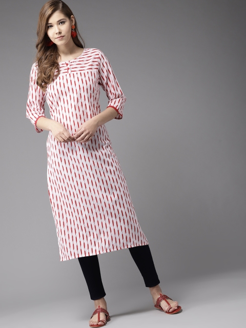 

HERE&NOW Women White & Red Striped Straight Kurta