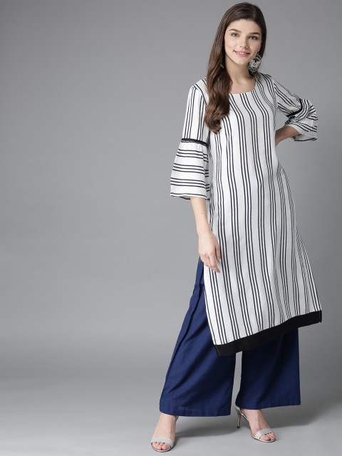 

HERE&NOW Women White & Navy Blue Striped Straight Kurta