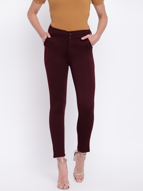

Purple Feather Women Burgundy Skinny Fit Solid Trousers