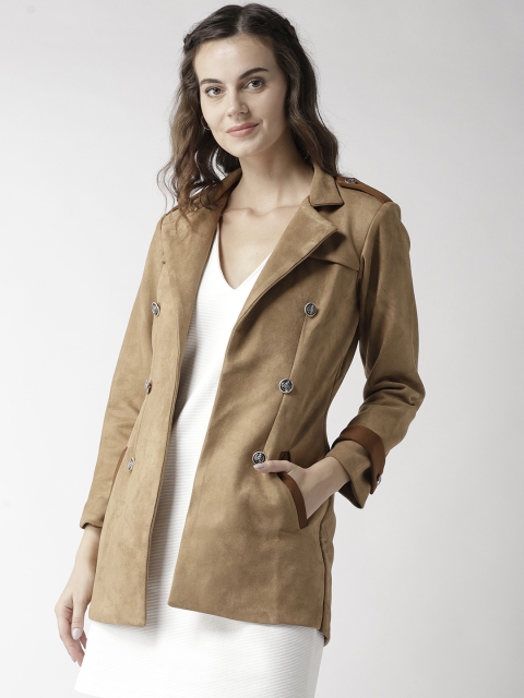 

WoowZerz Women Brown Solid Slim Fit Suede Finish Hip Length Overcoat