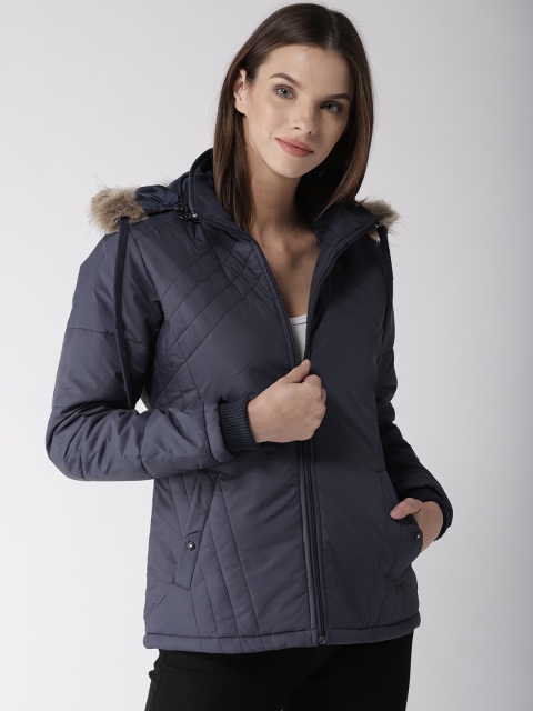 Foreign Culture By Fort Collins Women Navy Blue Solid Hooded Parka Jacket