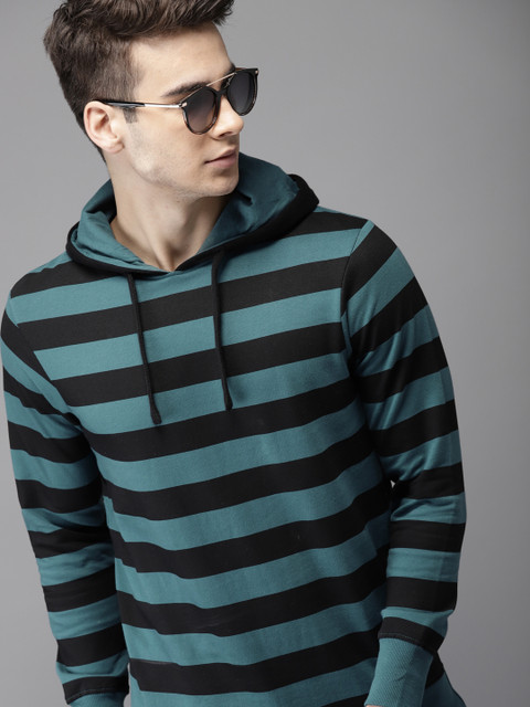 

HERE&NOW Men Teal & Black Striped Hooded Sweatshirt