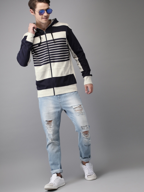 

HERE&NOW Men Grey Melange & Navy Blue Striped Hooded Sweatshirt
