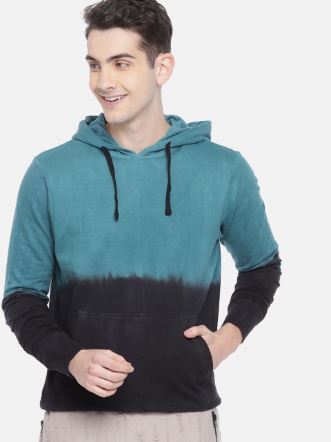 

HERE&NOW Men Teal & Black Colourblocked Hooded Sweatshirt