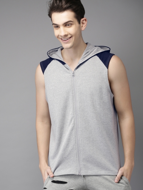 

HERE&NOW Men Grey Melange Solid Hooded Sweatshirt