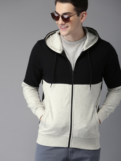 

HERE&NOW Men Grey Melange & Black Colourblocked Hooded Sweatshirt