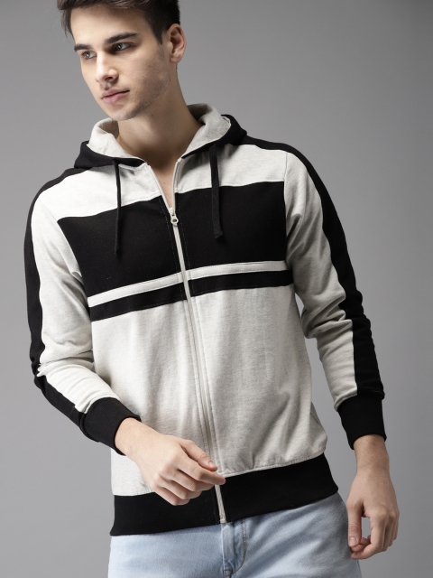 

HERE&NOW Men Grey & Black Colourblocked Hooded Sweatshirt