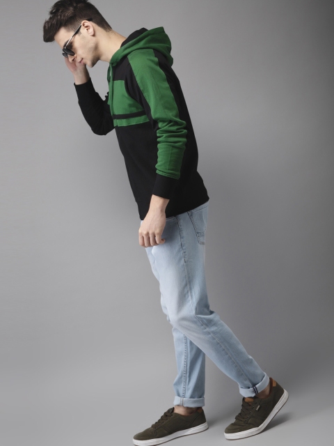 

HERE&NOW Men Black & Green Colourblocked Hooded Sweatshirt