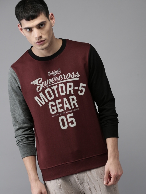 

HERE&NOW Men Burgundy Printed Sweatshirt