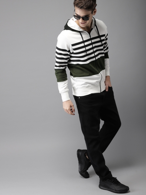 

HERE&NOW Men White & Olive Green Striped Hooded Sweatshirt