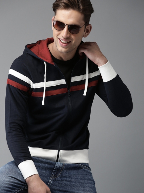 

HERE&NOW Men Navy Blue & Red Striped Hooded Sweatshirt