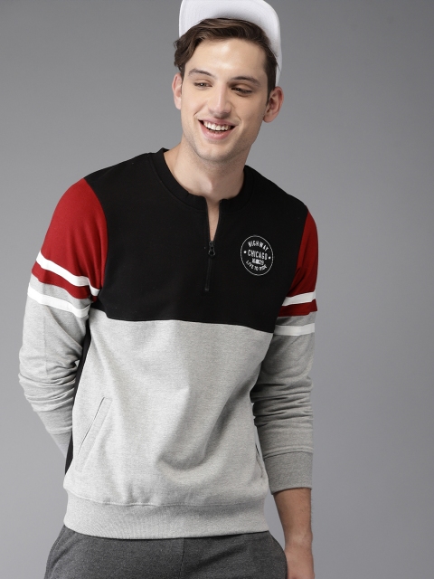 

HERE&NOW Men Black & Grey Melange Colourblocked Sweatshirt