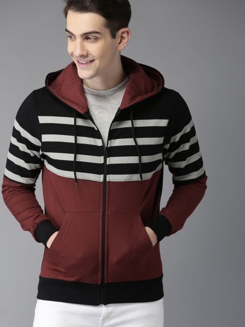 

HERE&NOW Men Maroon & Black Striped Hooded Sweatshirt