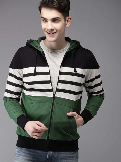 

HERE&NOW Men Green & Black Colourblocked Hooded Sweatshirt