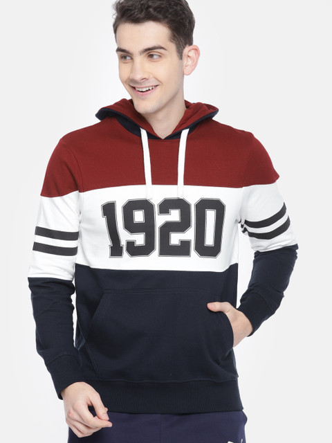 

HERE&NOW Men Navy Blue & White Colourblocked Hooded Sweatshirt