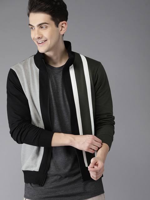 

HERE&NOW Men Grey Melange & Olive Green Colourblocked Sweatshirt