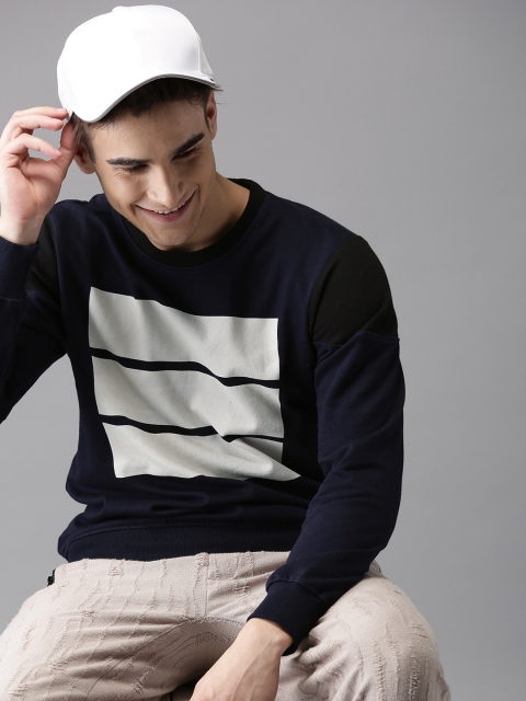 

HERE&NOW Men Navy Blue & White Printed Sweatshirt