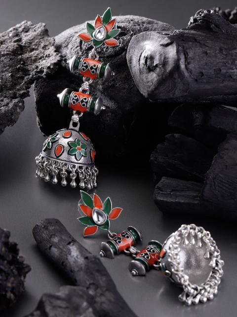 

Zobby Orange & Green German Silver Handcrafted Dome Shaped Jhumkas