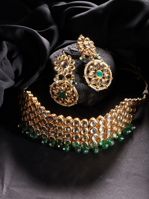 

Zobby Off-White & Green Gold-Plated Kundan-Studded Handcrafted Jewellery Set