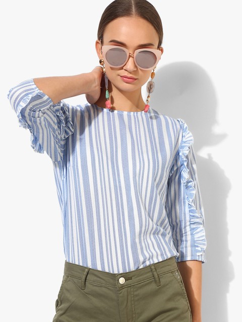 

Pepe Jeans Women Blue & White Striped Pure Cotton Top
