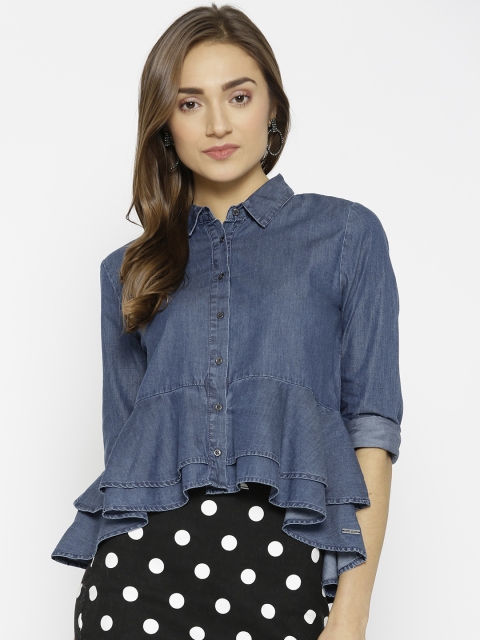 

Pepe Jeans Women Blue Solid Ruffled Chambray High-Low Casual Shirt