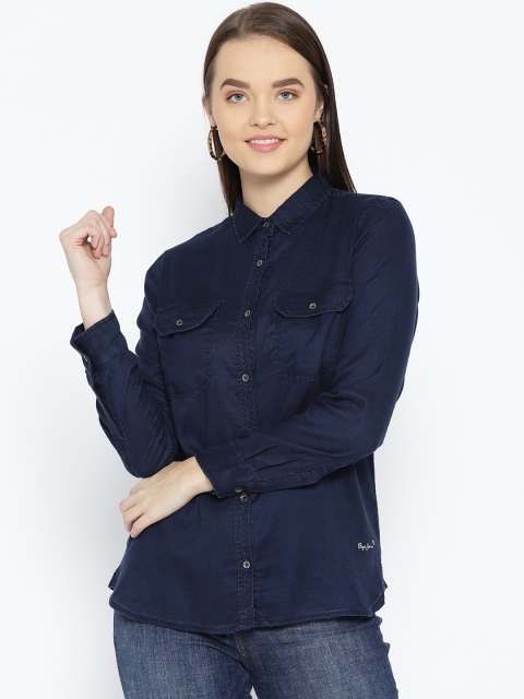 

Pepe Jeans Women Navy Blue Regular Fit Chambray Solid Casual Shirt
