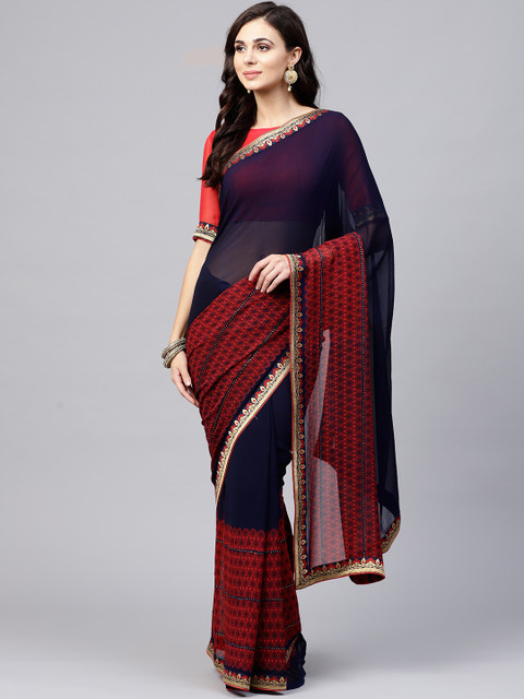 

Saree mall Navy Blue & Red Printed Saree