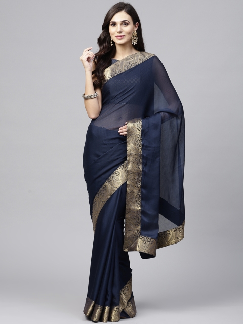 

Saree mall Navy Blue Solid Poly Chiffon Saree
