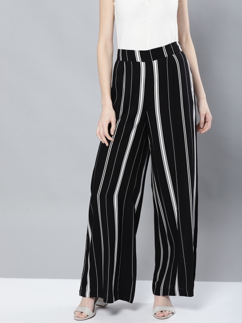 

Harpa Women Black & White Regular Fit Striped Parallel Trousers