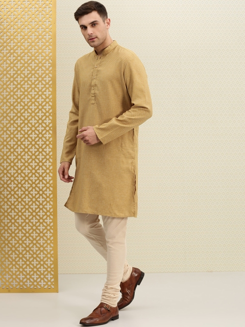 

House of Pataudi Men Mustard Yellow Embroidered Woven Design Straight Kurta