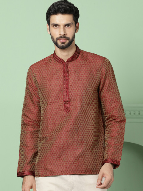

House of Pataudi Men Maroon Woven Design Straight Kurta