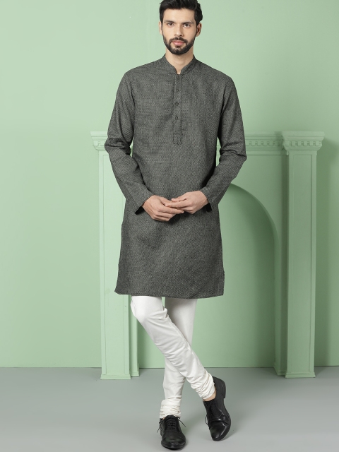 

House of Pataudi Men Black & Grey Woven Design Straight Kurta