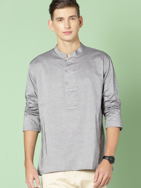 

House of Pataudi Men Grey Solid Straight Short Kurta