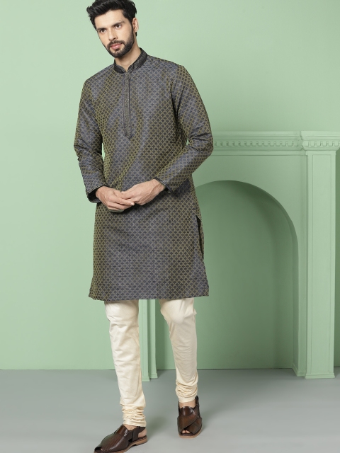

House of Pataudi Men Grey & Blue Woven Design Straight Kurta