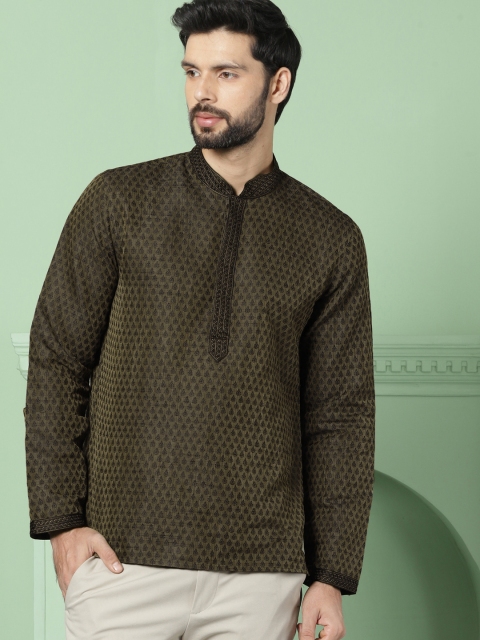 

House of Pataudi Men Olive Green & Black Woven Design Straight Kurta