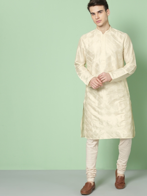 

House of Pataudi Men Off-White Woven Design Straight Kurta