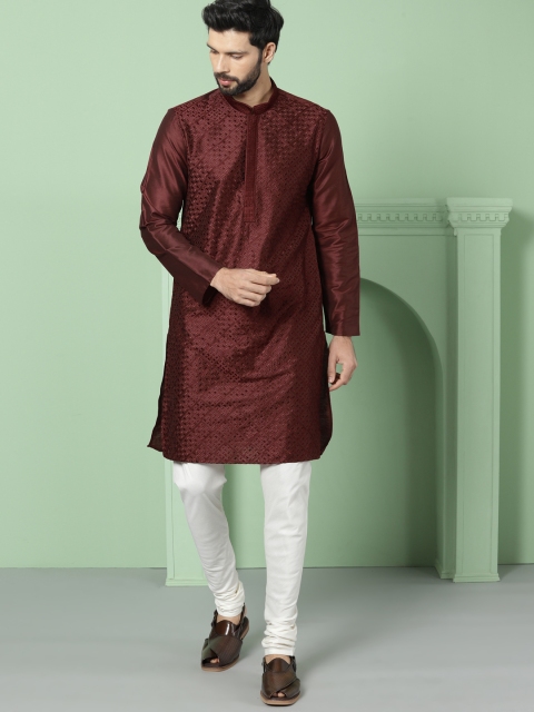 

House of Pataudi Men Maroon Woven Design Straight Kurta