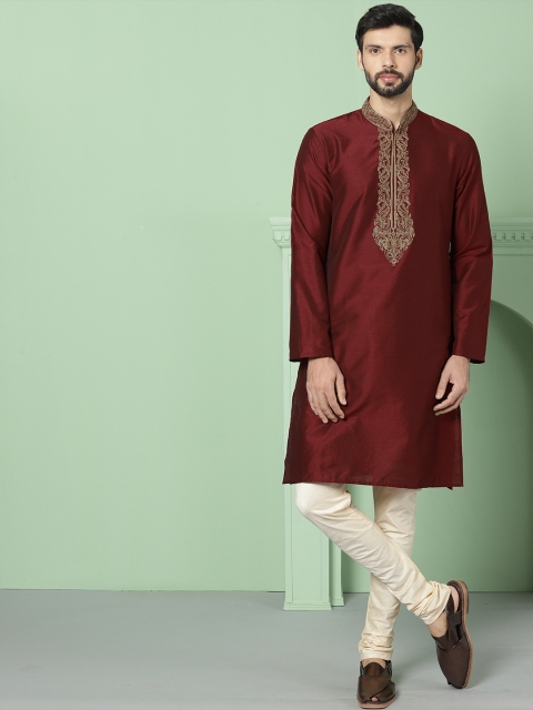 

House of Pataudi Men Maroon Yoke Woven Design Straight Kurta