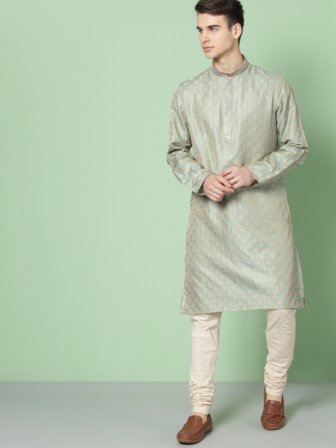 

House of Pataudi Men Turquoise Blue & Beige Woven Design Straight Kurta