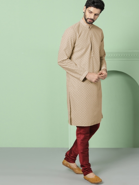 

House of Pataudi Men Beige Woven Design Straight Kurta