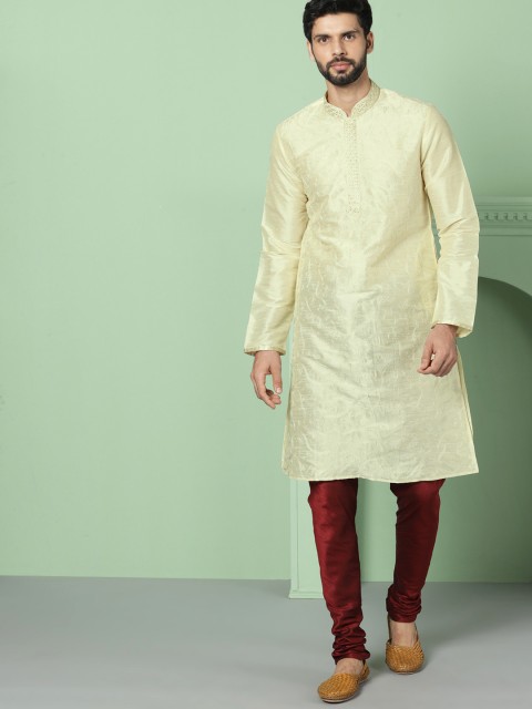 

House of Pataudi Men Beige Woven Design Straight Kurta