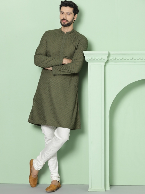 

House of Pataudi Men Olive Green Embroidered Straight Kurta
