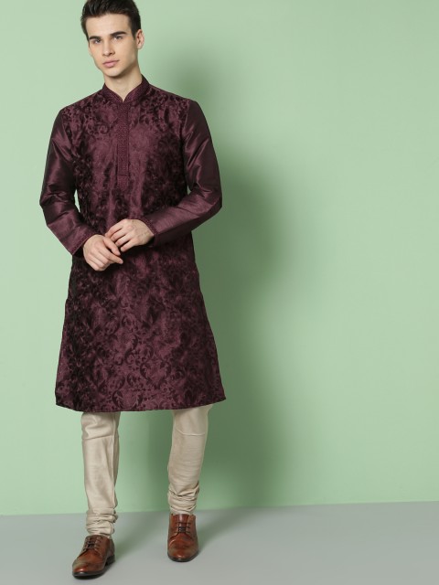 

House of Pataudi Men Burgundy Woven Design Straight Kurta