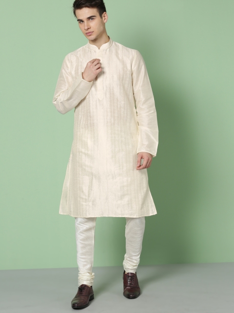 

House of Pataudi Men Cream-Coloured Woven Design Straight Kurta