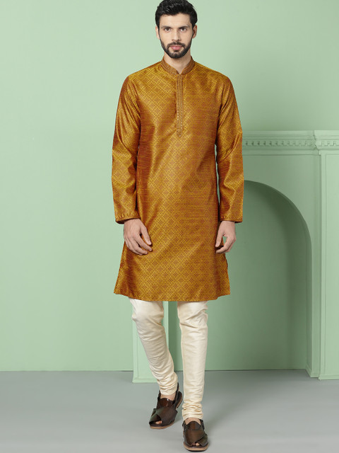 

House of Pataudi Men Mustard Yellow Woven Design Straight Kurta