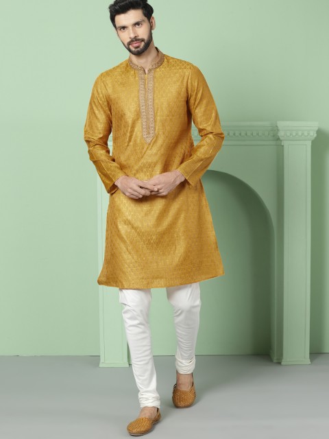 

House of Pataudi Men Mustard & Gold-Toned Woven Design Straight Kurta