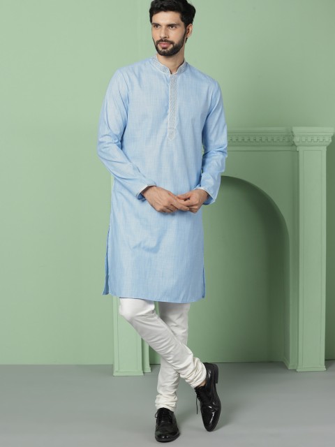 

House of Pataudi Men Blue Solid Straight Kurta