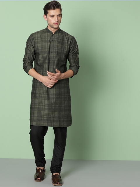 

House of Pataudi Men Black & Olive Checked Straight Kurta