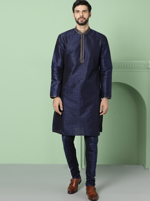 

House of Pataudi Men Navy Blue Self Design Kurta with Churidar