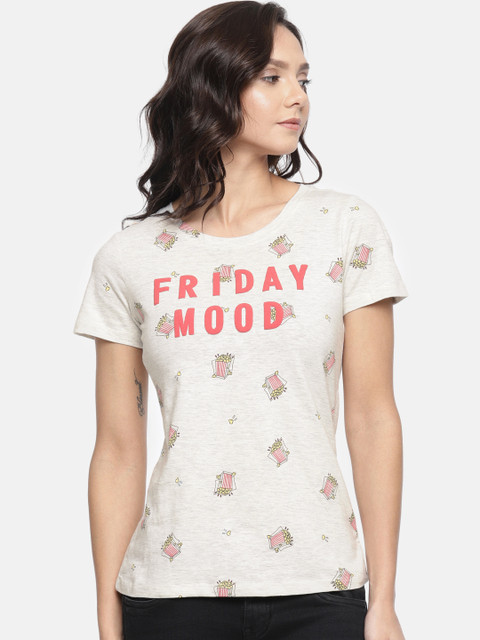 

People Women Grey Melange Printed Round Neck T-shirt